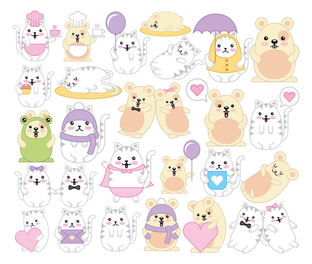 csomó macskák és egerek Kawaii karakterek - Vektor, kép