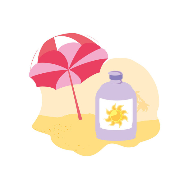 bouteille de bloqueur solaire dans la plage avec parapluie
 - Vecteur, image