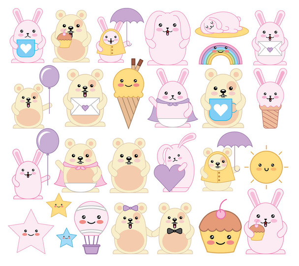 pacote de emoticons e animais personagens kawaii
 - Vetor, Imagem