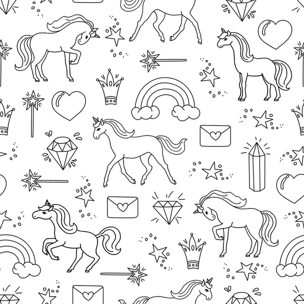 Hand drawn seamless pattern with unicorns. Black and white cartoon pattern with different elements. - Vector, afbeelding