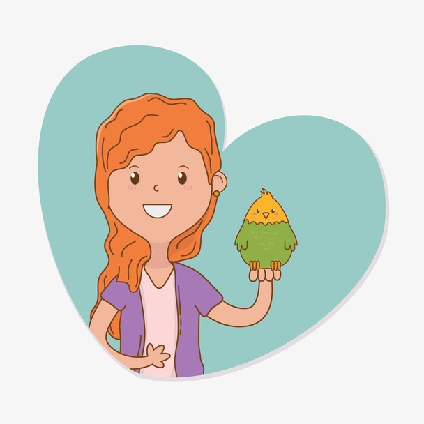 young woman with cute parrot mascot - Vector, Image