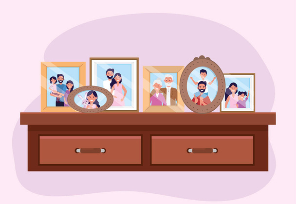 propait met familiefoto's herinneringen in het dressoir - Vector, afbeelding