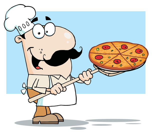 Chef blanco feliz llevando un pastel de pizza
 - Foto, imagen