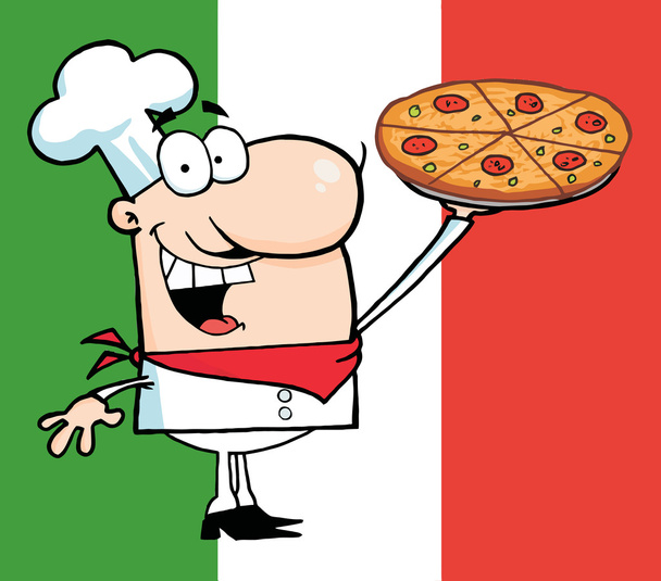 Ευτυχισμένο σεφ καυκάσιος που παρουσίαση του pizz - Φωτογραφία, εικόνα