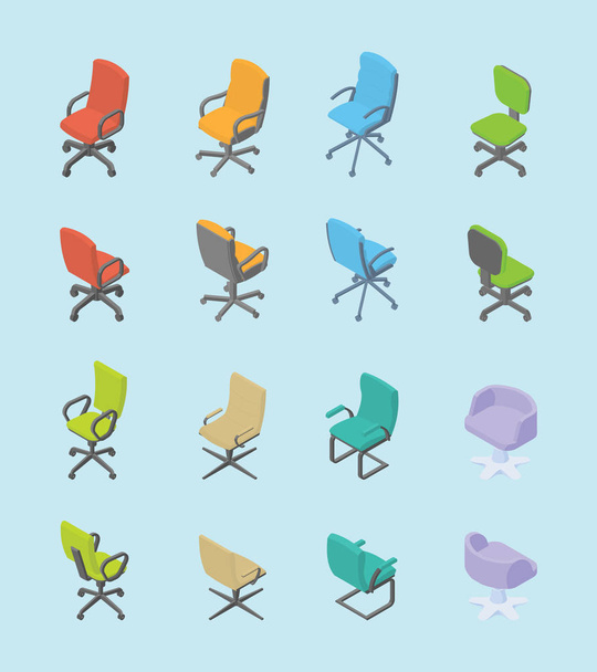 καρέκλα Set συλλογή για το γραφείο με ισομετρικό μοντέρνο στυλ επίπεδη διάφορα σχήμα και χρώμα-διάνυσμα - Διάνυσμα, εικόνα