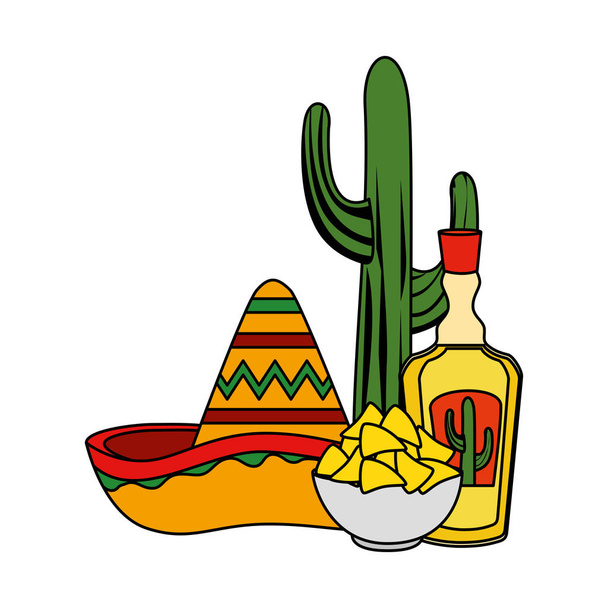tequila with mexican hat and nachos c - Vector, Image