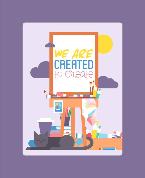 We are created to create on easel. Education, enjoyment concept. Pencils, watercolor, crayons. Cat lying and sleeping near working art place. Painting equipment. Cup of coffee. - Vector, Image