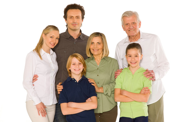 três gerações família de pé isolado sobre fundo branco
 - Foto, Imagem