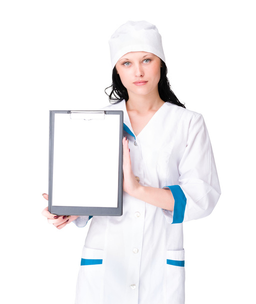 Mulher médico ou enfermeiro mostrando vazio em branco
 - Foto, Imagem
