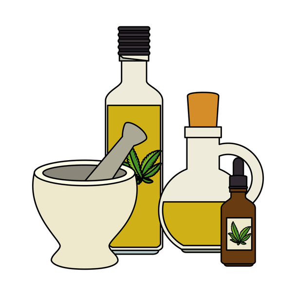 bouteilles avec des produits d'extrait de cannabis et broyeur
 - Vecteur, image