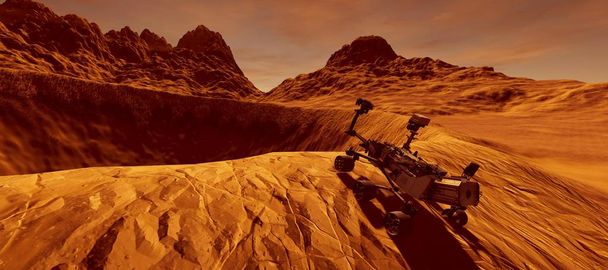 Ilustración 3D de alta resolución extremadamente detallada y realista de un paisaje alienígena en Marte. Curiosity Rover. Elementos de esta imagen son proporcionados por la NASA
. - Foto, imagen