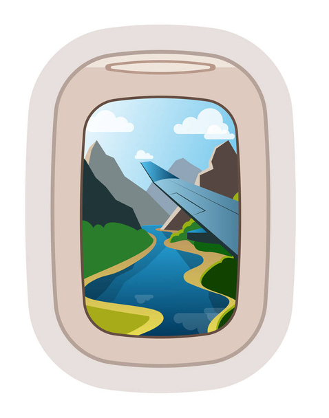 Aairplane window vector traveling by plane and porthole view in flight illustration tourism set of windowpane in aircraft transport and aeroplane isolated on white background - Вектор,изображение
