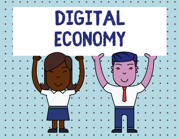 Dijital Ekonomiyi gösteren kavramsal el yazısı. Dünya çapında ekonomik faaliyetler ve teknolojiler ağını sergileyen İş fotoğrafı İki Gülümseyen Kişi Tutan Poster Panosu Elleriyle Tepebaşı. - Fotoğraf, Görsel