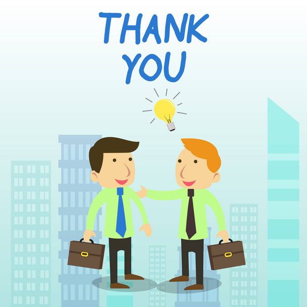 Word writing text Thank You. Business concept for a polite expression used when acknowledging a gift or service Two White Businessmen Colleagues with Brief Cases Sharing Idea Solution. - Photo, Image