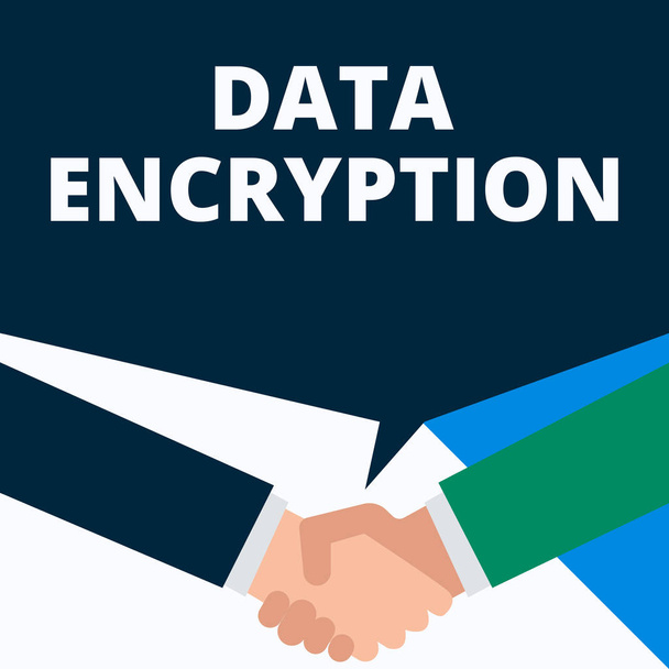 Conceptual hand writing showing Data Encryption. Business photo showcasing Symmetrickey algorithm for the encrypting electronic data Two men hands shaking showing a deal sharing speech bubble. - Photo, Image