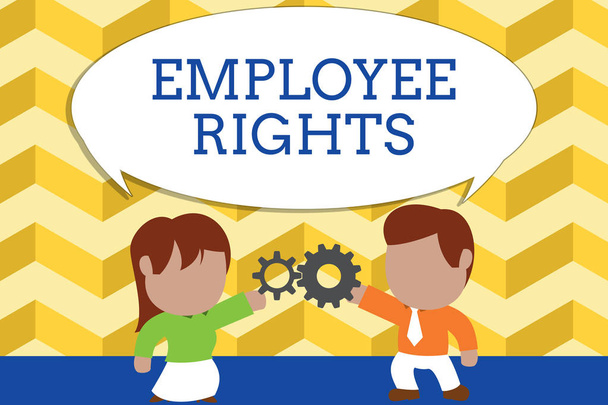 Word writing text Employee Rights. Business concept for All employees have basic rights in their own workplace Standing young couple sharing gear. Man tie woman skirt commerce relation. - Photo, Image