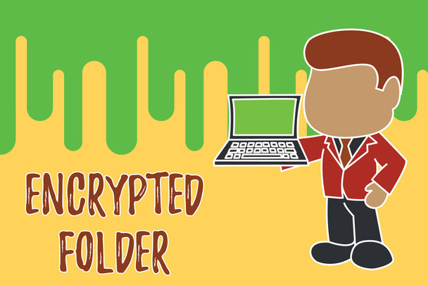 Conceptual hand writing showing Encrypted Folder. Business photo showcasing protect confidential data from attackers with access Standing businessman holding open laptop right hand side. - Photo, Image