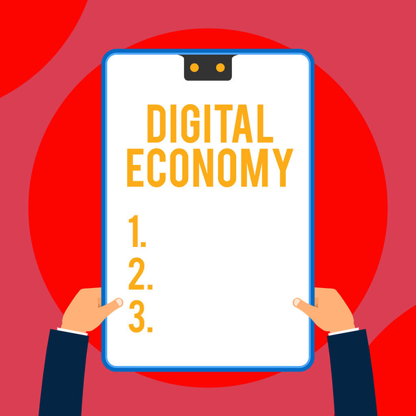 Text sign showing Digital Economy. Conceptual photo worldwide network of economic activities and technologies Two executive male hands holding electronic device geometrical background. - Photo, Image