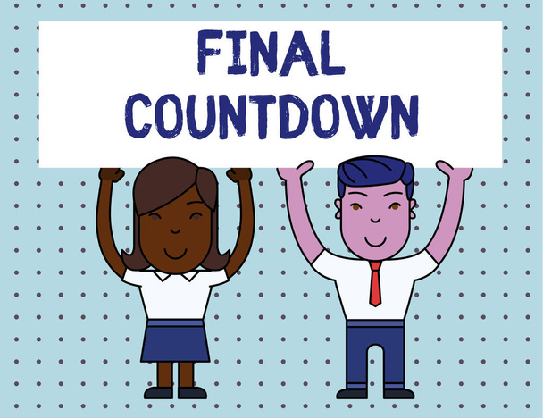 Conceptual hand writing showing Final Countdown. Business photo showcasing Last moment of any work having no posibility of discusion Two Smiling People Holding Poster Board Overhead with Hands. - Photo, Image