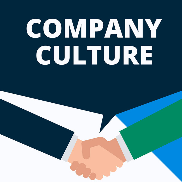 Conceptual hand writing showing Company Culture. Business photo showcasing The environment and elements in which employees work Two men hands shaking showing a deal sharing speech bubble. - Photo, Image