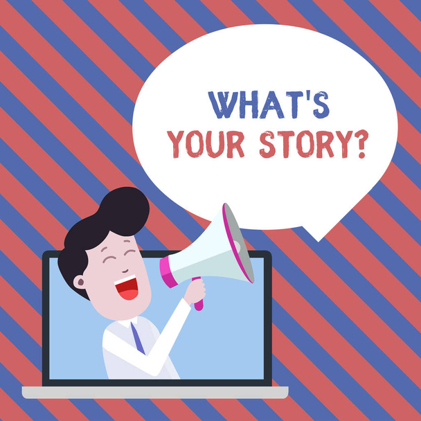 Kézírás szövegének írása mi S a Storyquestion. Koncepció értelmében analysisner a kérdezés bizonyítja a múlt életesemények ember beszél keresztül laptop-ba loudhailer üres beszéd buborék - Fotó, kép