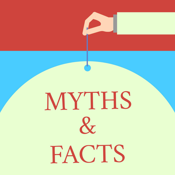 Word writing text Myths And Facts. Business concept for usually traditional story of ostensibly historical events Male hand arm needle punching big half blank balloon geometrical background. - Photo, Image