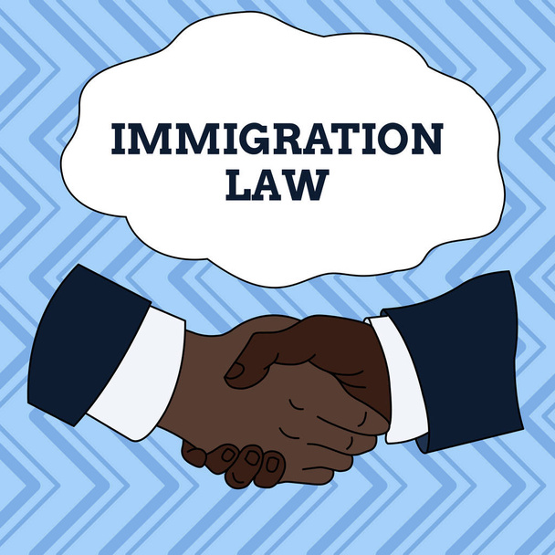 Szöveg jel mutatja bevándorlási törvény. Fogalmi fotó egy állampolgár kivándorlása jogszerű abban, hogy az utazás kézi Shake Multifaji férfi üzleti partnerek kollégák formális póló suit. - Fotó, kép