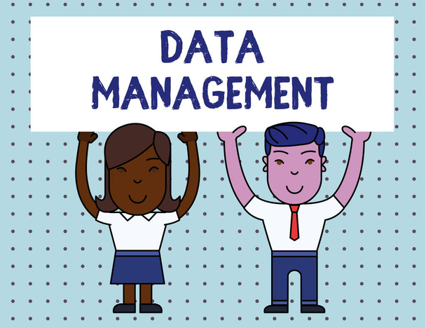 Conceptual hand writing showing Data Management. Business photo showcasing The practice of organizing and maintaining data processes Two Smiling People Holding Poster Board Overhead with Hands. - Photo, Image