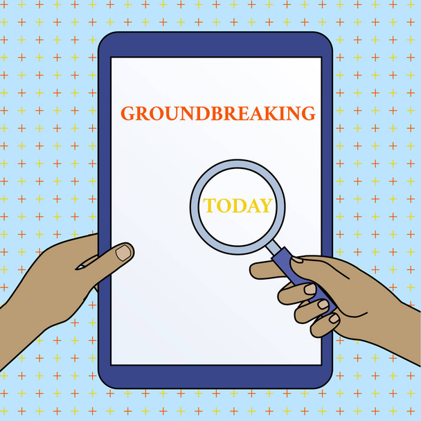 Text sign showing Groundbreaking. Conceptual photo Very new and a big change from other things of its type Hands Holding Magnifying Glass Against Switched Off Touch Screen Tablet. - Photo, Image