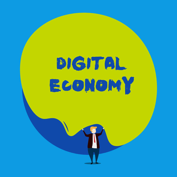Conceptual hand writing showing Digital Economy. Business photo showcasing worldwide network of economic activities and technologies Male human wear formal tuxedo hold asymmetrical shape bubble. - Photo, Image