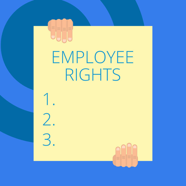Writing note showing Employee Rights. Business photo showcasing All employees have basic rights in their own workplace Two hands holding big blank rectangle up down Geometrical background. - 写真・画像
