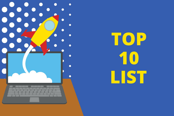 Writing note showing Top 10 List. Business photo showcasing the ten most important or successful items in a particular list Successful rocket launching laptop background Startup grow. - Photo, Image