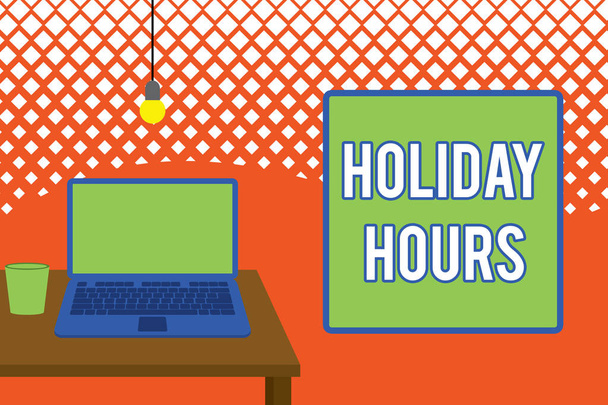 Writing note showing Holiday Hours. Business photo showcasing employee receives twice their normal pay for all hours Front view open laptop lying on wooden desktop light bulb falling glass. - Photo, Image