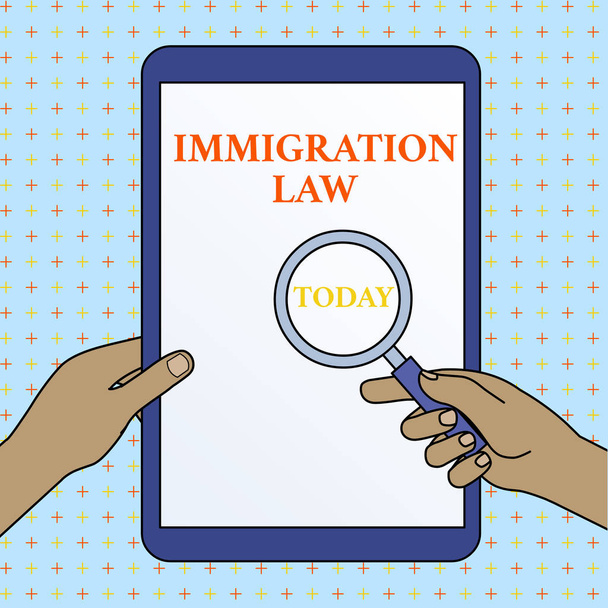 Szöveg jel mutatja bevándorlási törvény. Fogalmi fotó a polgárok kivándorlása jogszerű abban, hogy az utazási kezek Holding nagyító ellen kikapcsolt érintőképernyős Tablet. - Fotó, kép