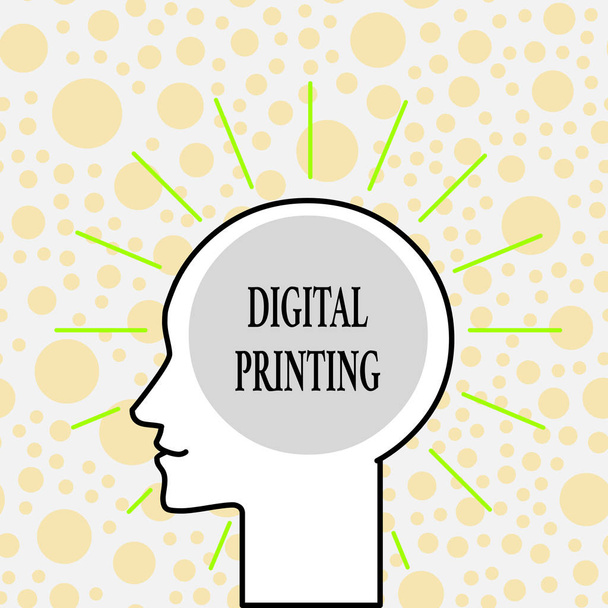 Writing note showing Digital Printing. Business photo showcasing digital based images directly to variety of media Outline Silhouette Human Head Surrounded by Light Rays Blank Text Space. - Photo, Image