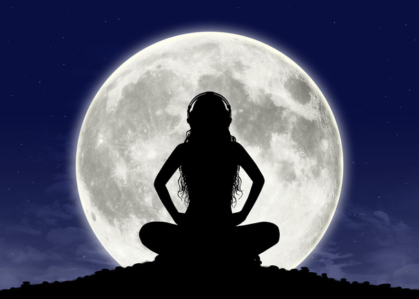 young woman listening to the music at the full moon - Photo, Image