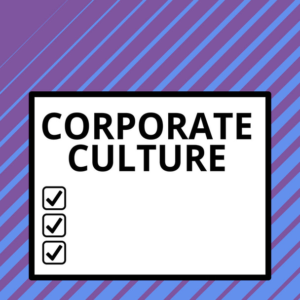 Conceptual hand writing showing Corporate Culture. Business photo text pervasive values and attitudes that characterize a company Big square background inside one thick bold black outline frame. - Photo, Image