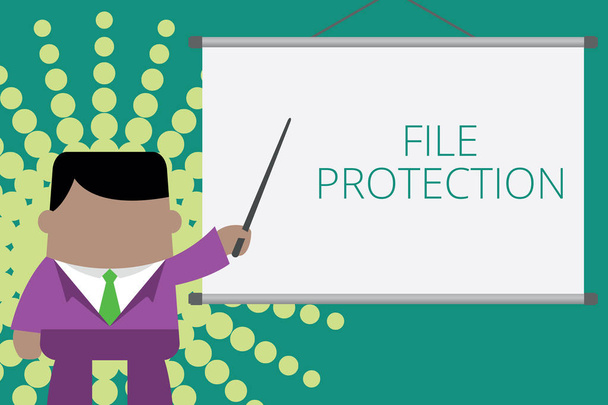 Writing note showing File Protection. Business photo showcasing Preventing accidental erasing of data using storage medium Businessman standing in front projector screen pointing project idea. - Photo, Image