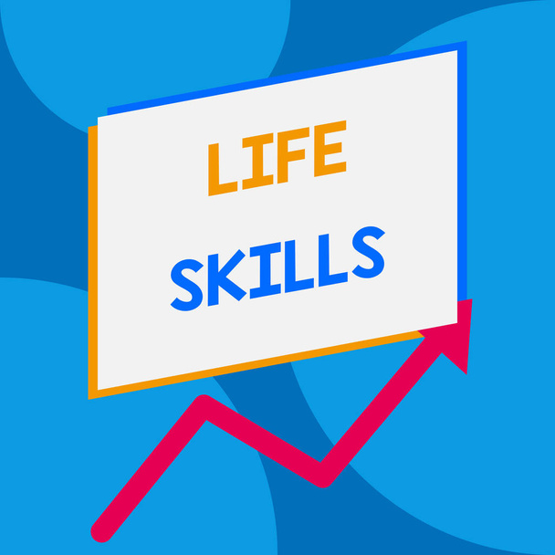 Woord schrijven tekst Life Skills. Business concept voor vaardigheid die nodig is voor volledige deelname aan het dagelijks leven Een lege rechthoek boven een andere pijl zigzag omhoog toenemende verkoop. - Foto, afbeelding