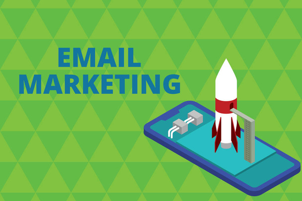 Word writing text Email Marketing. Business concept for Sending a commercial message to a group of showing using mail Ready to launch rocket lying smartphone. Startup negotiations to begin. - Photo, Image
