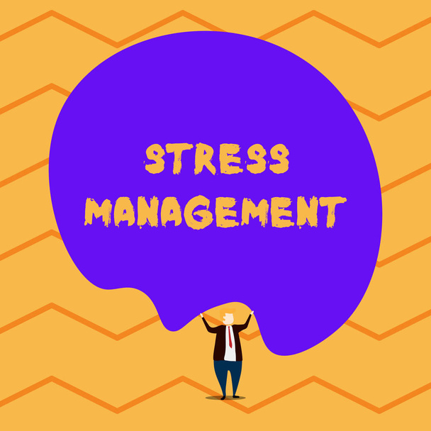 Text sign showing Stress Management. Conceptual photo method of limiting stress and its effects by learning ways Male human wear formal tuxedo hold asymmetrical shape bubble use both hands. - Photo, Image