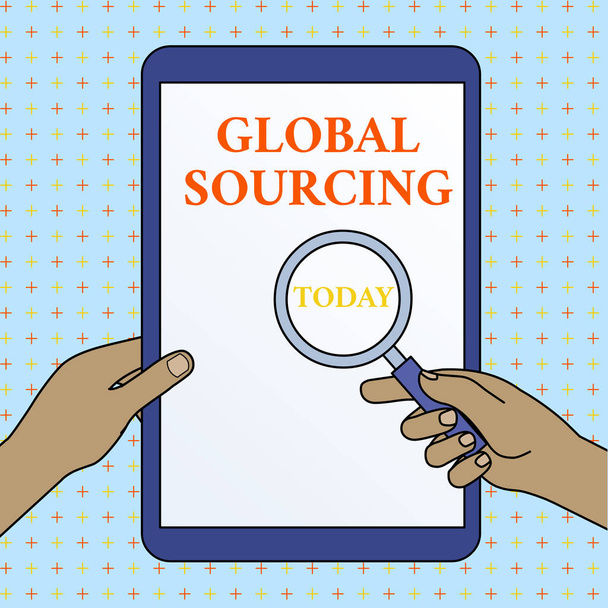Text sign showing Global Sourcing. Conceptual photo practice of sourcing from the global market for goods Hands Holding Magnifying Glass Against Switched Off Touch Screen Tablet. - Photo, Image
