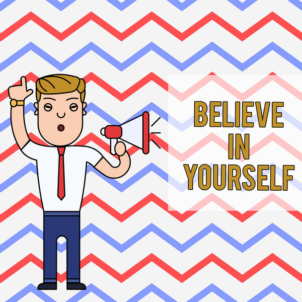 Word writing text Believe In Yourself. Business concept for common piece of advice that you can do everything Man Standing with Raised Right Index Finger and Speaking into Megaphone. - Φωτογραφία, εικόνα