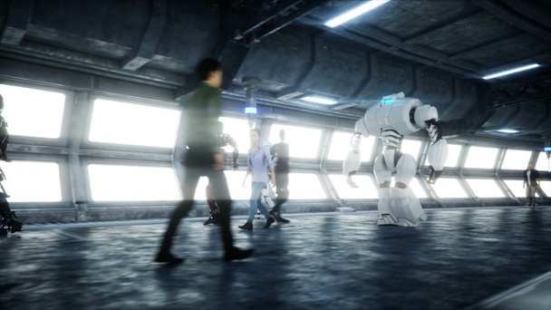 人とロボットサイエンス・フィ・トンネル。未来的なトラフィック。未来の概念。リアルな4Kアニメーション. - 映像、動画