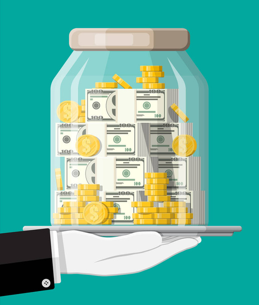 Glass money jar full of gold coins and banknotes. - Vector, Image
