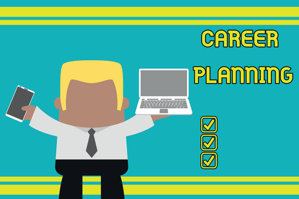 Writing note showing Career Planning. Business photo showcasing Strategically plan your career goals and work success Professional man holding laptop in left mobile phone right. - 写真・画像