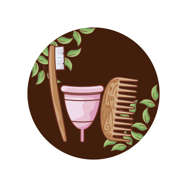 menstruacyjny kubek z zestawem ikon ekologicznych w ramce - Wektor, obraz