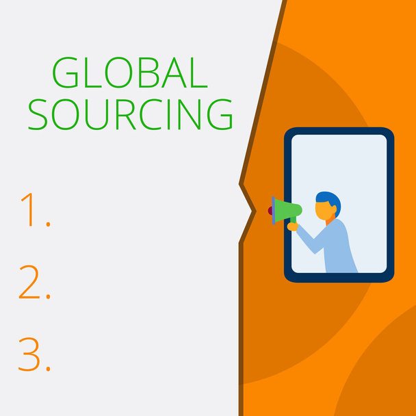 Writing note showing Global Sourcing. Business photo showcasing practice of sourcing from the global market for goods Geometrical background man chest holding megaphone speech bubble. - Photo, Image