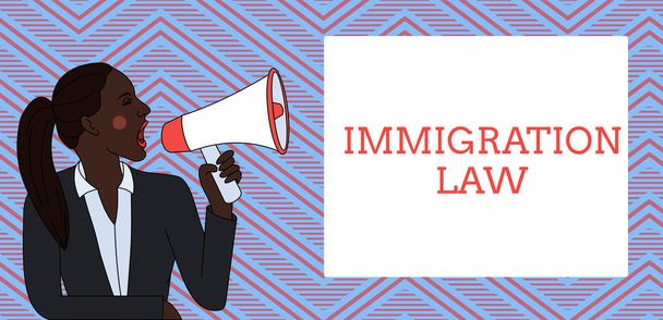 ワードライティングテキスト移民法。市民の移民のためのビジネスコンセプトは、旅行の若い女性のジャケットポニーテールLoudhailerに叫んで長方形のテキストボックスを作るには合法でなければならない. - 写真・画像