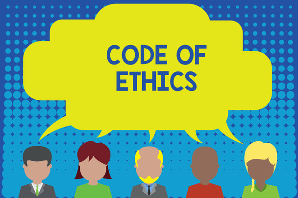 Conceptual hand writing showing Code Of Ethics. Business photo showcasing basic guide for professional conduct and imposes duties Five different persons sharing speech bubble People talking. - Photo, Image
